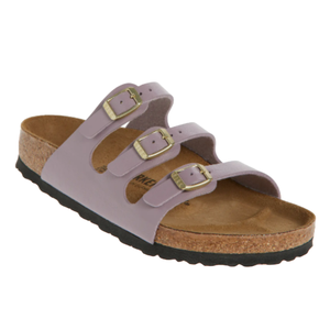 A purple sandal with three adjustable buckle straps, cork footbed, and black sole, designed for comfort and support.