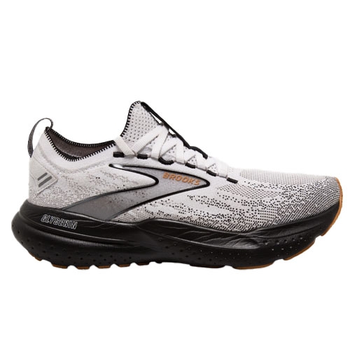 Brooks Men's Glycerin 21 Shoes feature a white and black gradient design with a knit upper, cushioned sole for comfort, and a durable rubber outsole, ideal for running or casual wear.