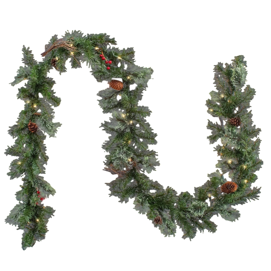 A 108-inch artificial Christmas garland decorated with pinecones, red berries, and warm white lights.