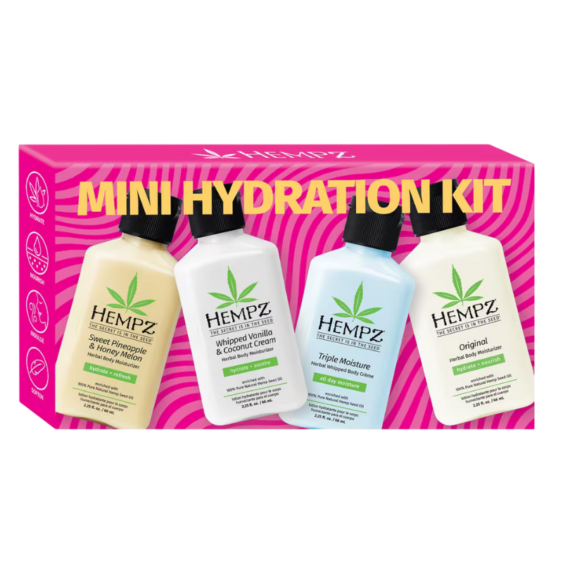 Hempz Mini Hydration Kit contains four 2.25 fl oz herbal body moisturizers: Sweet Pineapple & Honey Melon, Whipped Vanilla & Coconut Cream, Triple Moisture, and Original.