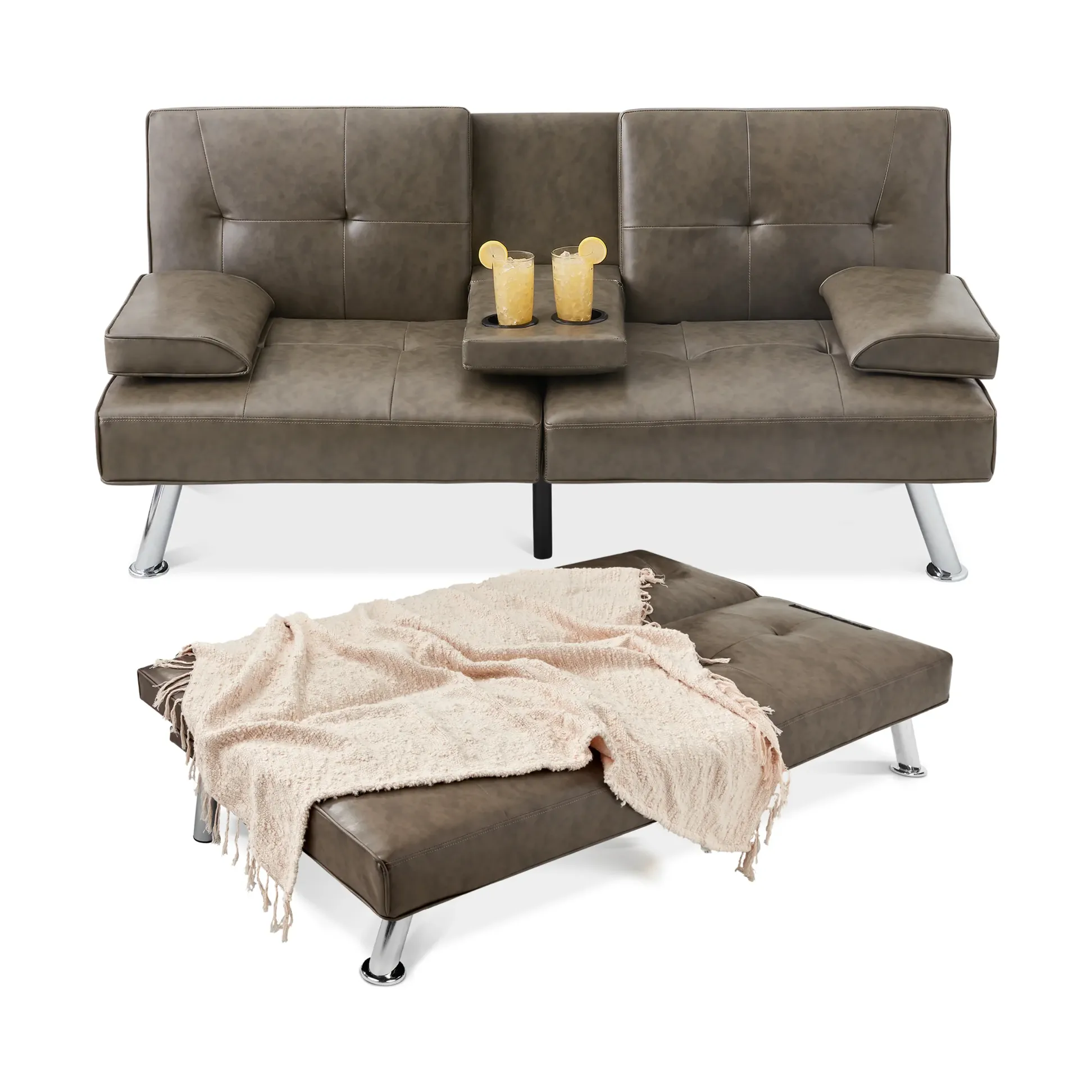Convertible sofa with adjustable armrests and center console for drinks, shown in sofa and flatbed positions with a blanket.