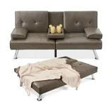 Convertible sofa with adjustable armrests and center console for drinks, shown in sofa and flatbed positions with a blanket.