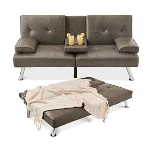 Convertible sofa with adjustable armrests and center console for drinks, shown in sofa and flatbed positions with a blanket.