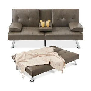 Convertible sofa with adjustable armrests and center console for drinks, shown in sofa and flatbed positions with a blanket.