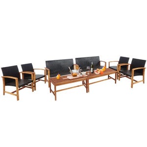 8-piece Acacia Patio Set includes a loveseat, two armchairs, a table, and a bench. Features black woven seat backs with acacia wood frames and armrests, with the table and bench offering spacious surfaces for drinks and snacks.