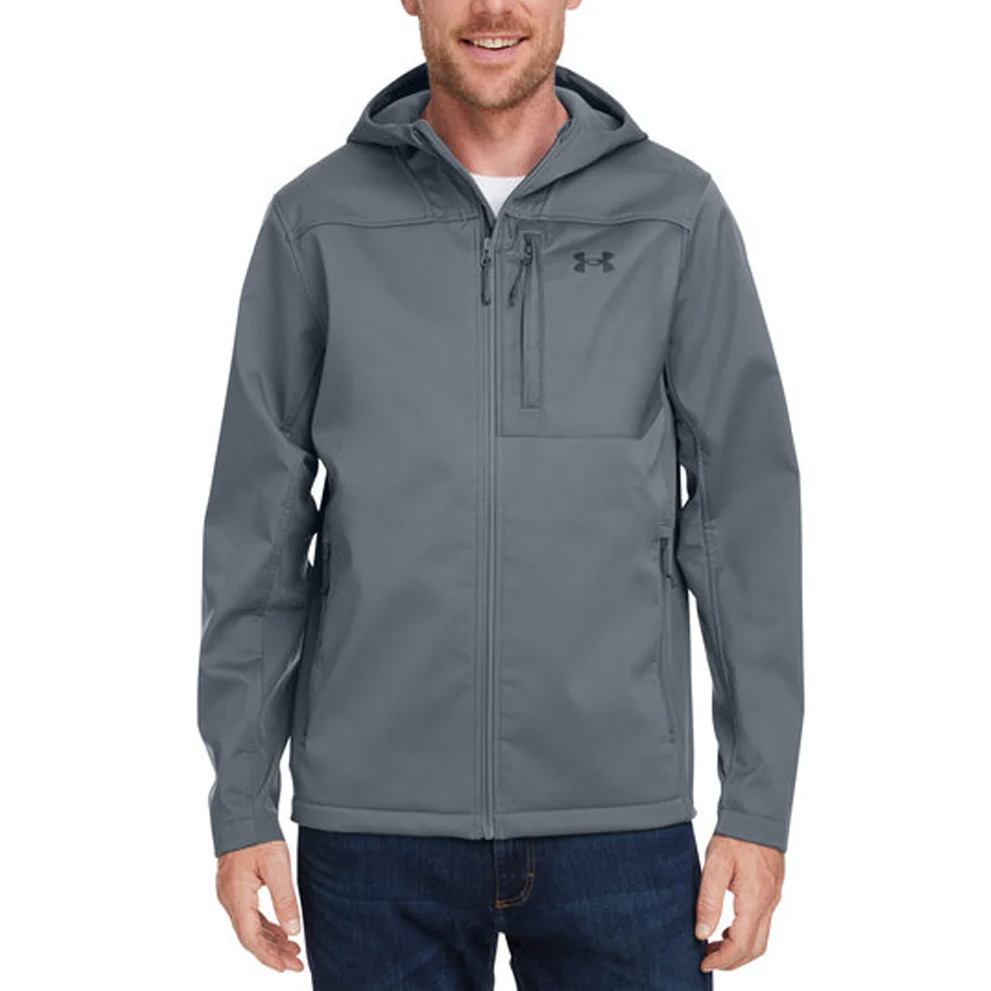 Gray hooded zip-up jacket with Under Armour logo on chest, shown on a person wearing dark jeans.
