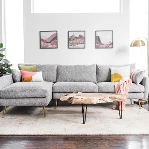 A gray sectional sofa with colorful pillows and a pink throw, accompanied by a natural wood coffee table with metal legs, is set on a textured rug. Three landscape paintings hang on the wall behind the sofa, and a gold floor lamp stands to the side.