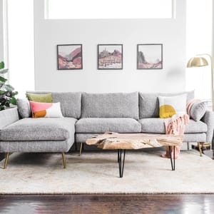 A gray sectional sofa with colorful pillows and a pink throw, accompanied by a natural wood coffee table with metal legs, is set on a textured rug. Three landscape paintings hang on the wall behind the sofa, and a gold floor lamp stands to the side.