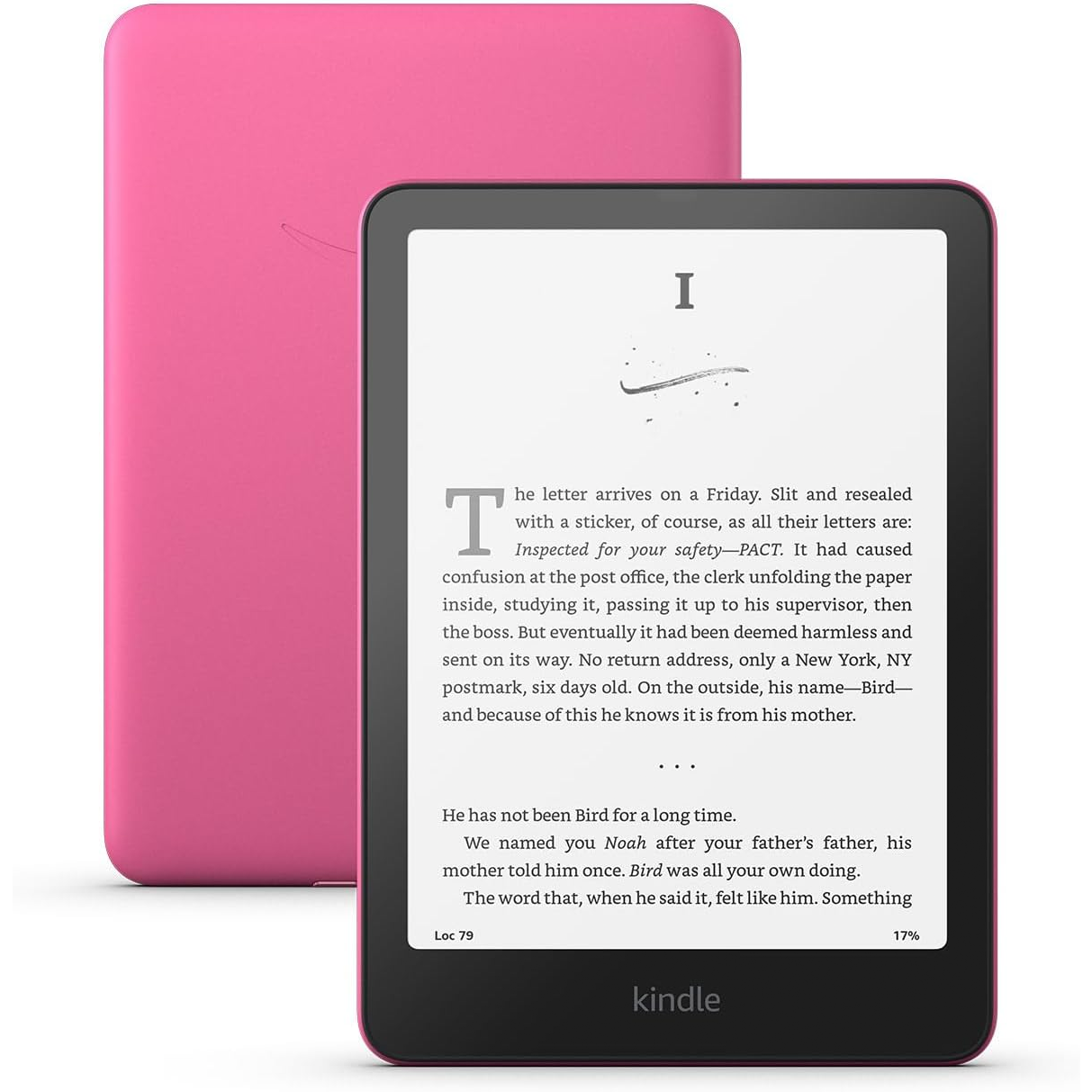 A pink Kindle e-reader displays a page of text on its screen, with another pink Kindle shown from the back.