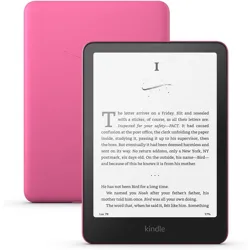 A pink Kindle e-reader displays a page of text on its screen, with another pink Kindle shown from the back.