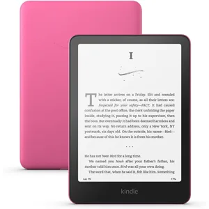 A pink Kindle e-reader displays a page of text on its screen, with another pink Kindle shown from the back.