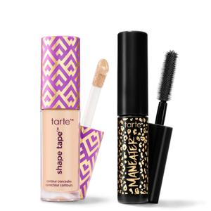 Tarte Shape Tape contour concealer with a purple and gold geometric design, alongside Tarte Maneater mascara featuring a black tube with gold animal print accents.