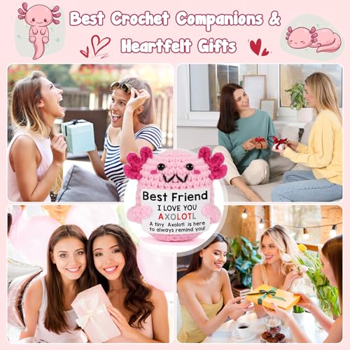 Images of friends exchanging gifts are shown alongside illustrations of cute axolotls with the caption \“Best Crochet Companions & Heartfelt Gifts\“.