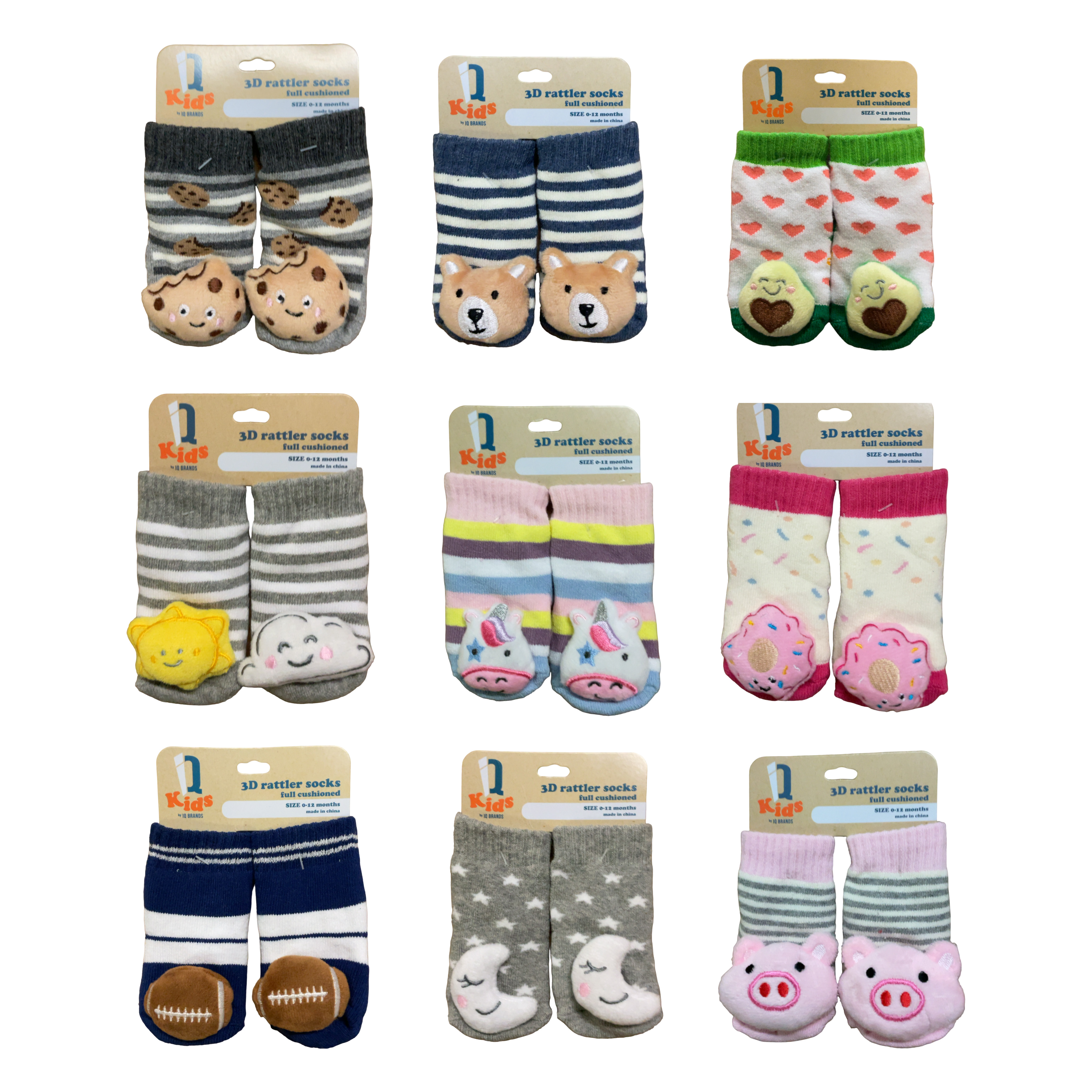 Set of 2 pairs of baby rattle socks featuring fun designs: hedgehog, bear, avocado, sun/cloud, unicorn, donut, football, moon, and pig. Each sock has a 3D rattle design on the toe to engage infants.