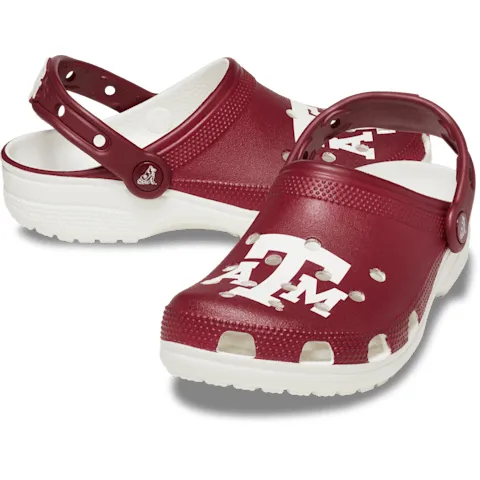 Maroon Crocs featuring Texas A&M University logo, with a white sole and adjustable heel strap.