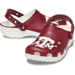 Maroon Crocs featuring Texas A&M University logo, with a white sole and adjustable heel strap.