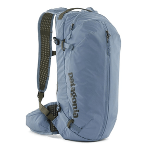 A light blue Patagonia backpack with multiple zippers and adjustable straps.