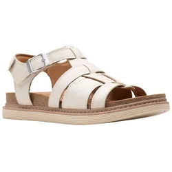 Beige open-toe sandals with multiple straps and a buckle closure, featuring a flat sole with stitching details.