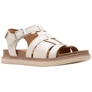 Beige open-toe sandals with multiple straps and a buckle closure, featuring a flat sole with stitching details.