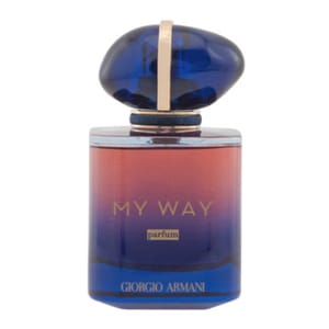 Giorgio Armani My Way Parfum features a blue and pink gradient bottle with a prominent blue cap and gold accents.