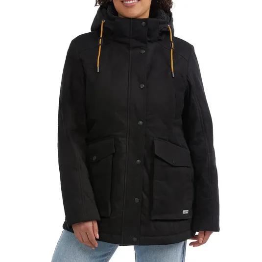 Black hooded jacket with snap-button closure, front pockets, and yellow drawstrings, worn over light blue jeans.