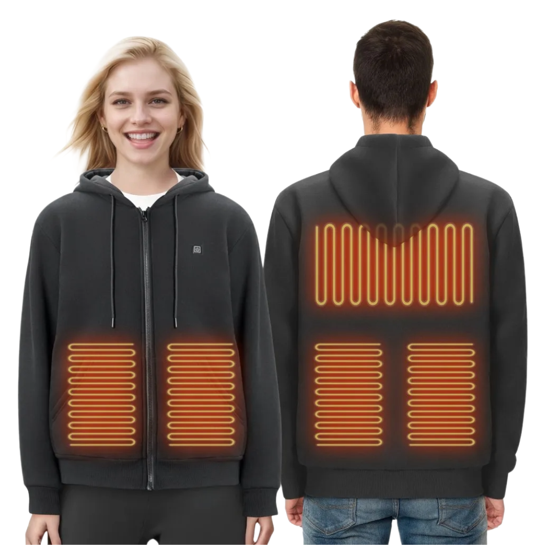 A front and back view of a heated hoodie, showing glowing elements that indicate heating zones on the chest and back.