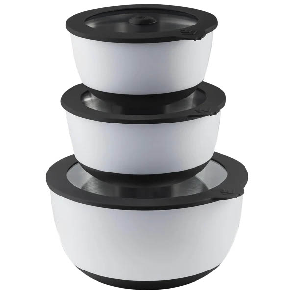 Three stackable stainless steel mixing bowls in varying sizes with sealed black plastic lids and bases, designed for efficient storage and versatile kitchen use.