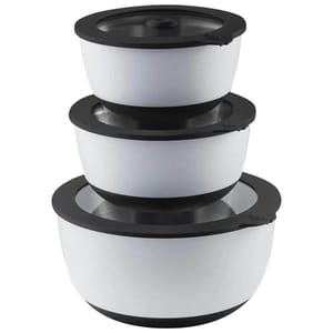 Three stackable stainless steel mixing bowls in varying sizes with sealed black plastic lids and bases, designed for efficient storage and versatile kitchen use.