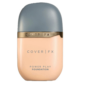 Cover FX Power Play Foundation is a liquid foundation housed in a compact, oval-shaped bottle with a matte gray cap and a metallic accent, offering a full coverage formula.