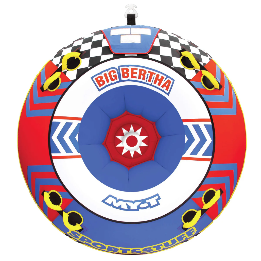 Inflatable towable tube with a colorful design featuring \“Big Bertha\“ branding, checkered patterns, and graphics. Suitable for water sports enthusiasts.