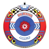 Inflatable towable tube with a colorful design featuring \“Big Bertha\“ branding, checkered patterns, and graphics. Suitable for water sports enthusiasts.