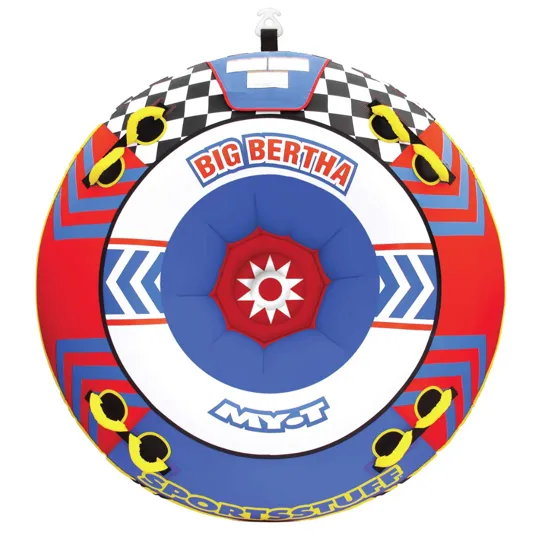 Inflatable towable tube with a colorful design featuring \“Big Bertha\“ branding, checkered patterns, and graphics. Suitable for water sports enthusiasts.