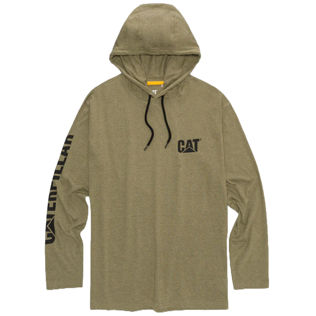 Olive green hoodie with \“CAT\“ logo on the chest and \“Caterpillar\“ text along the sleeve, featuring a drawstring hood.