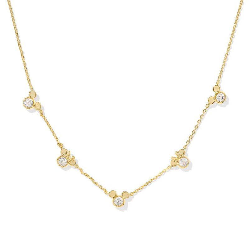 A gold-toned necklace featuring alternating Mickey Mouse and Minnie Mouse-inspired designs, each with small circular diamond accents.
