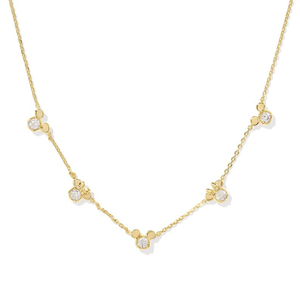A gold-toned necklace featuring alternating Mickey Mouse and Minnie Mouse-inspired designs, each with small circular diamond accents.