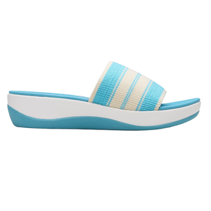 A blue and white striped slide sandal with a thick strap and platform sole.