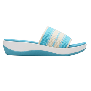 A blue and white striped slide sandal with a thick strap and platform sole.
