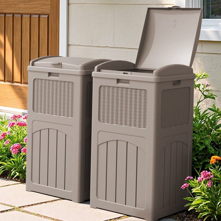 Two beige outdoor storage bins with a wicker texture and hinged lids are placed on a patio next to a flower bed.