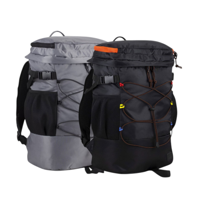 Two backpacks are shown, one gray and one black, each with drawstring closures, adjustable shoulder straps, mesh side pockets, and buckle straps.