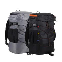 Two backpacks are shown, one gray and one black, each with drawstring closures, adjustable shoulder straps, mesh side pockets, and buckle straps.