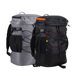 Two backpacks are shown, one gray and one black, each with drawstring closures, adjustable shoulder straps, mesh side pockets, and buckle straps.