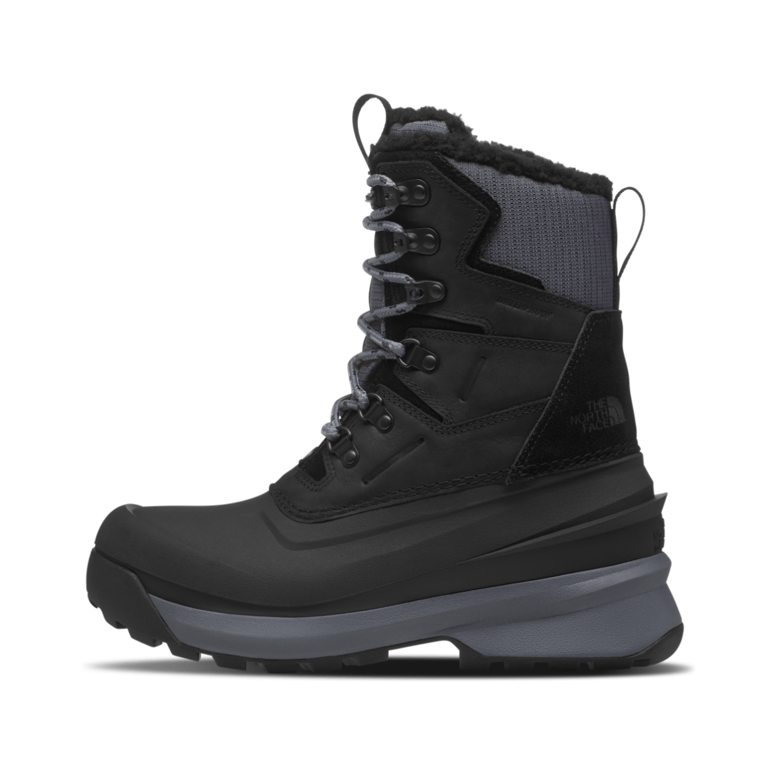 A black winter boot with a lace-up design featuring a grey sole, reinforced toe, padded ankle, and fabric pull tab, suitable for cold weather.