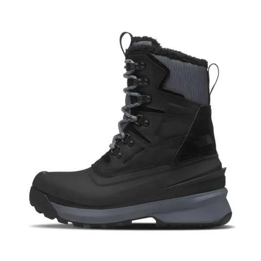A black winter boot with a lace-up design featuring a grey sole, reinforced toe, padded ankle, and fabric pull tab, suitable for cold weather.