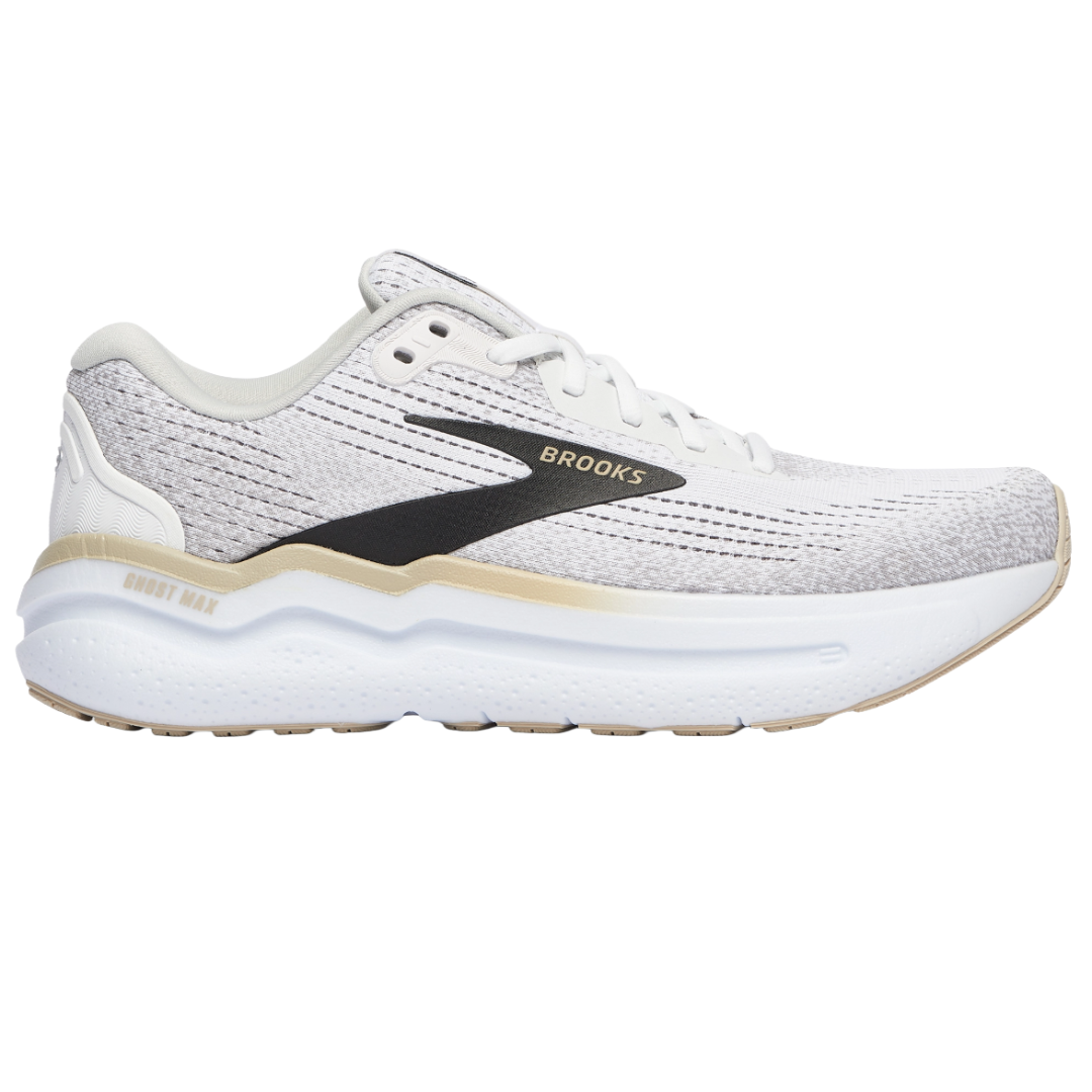 Brooks Ghost Max running shoe, featuring a white mesh upper, black and beige accents, and a cushioned sole for comfort.