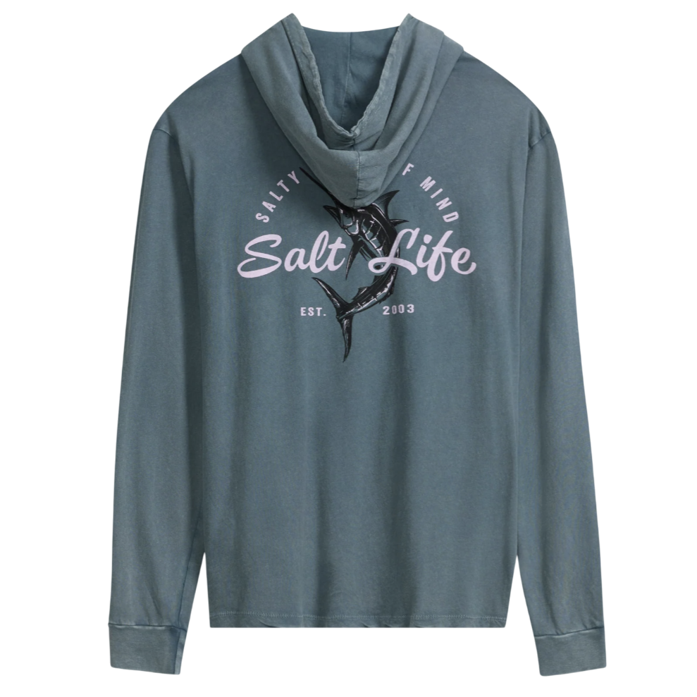 Blue long-sleeve hoodie featuring \“Salt Life\“ logo with marlin graphic, \“Salty State of Mind,\“ and \“Est. 2003\“ text on the back.