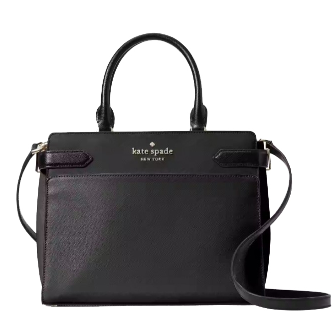 Black Kate Spade handbag with a top handle and detachable shoulder strap.