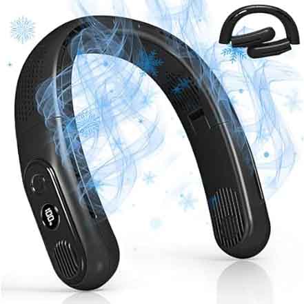 Neck-mounted personal fan with a digital display and vents for airflow, designed for hands-free cooling.
