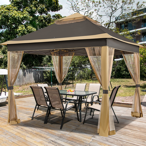 A backyard gazebo with a two-tier canopy and mesh curtains over a wooden deck, featuring a patio dining set with six chairs and a rectangular table.