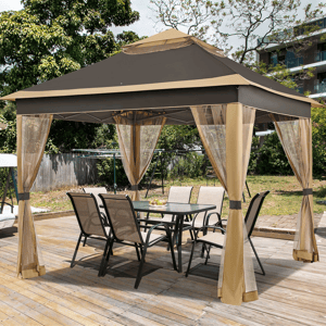 A backyard gazebo with a two-tier canopy and mesh curtains over a wooden deck, featuring a patio dining set with six chairs and a rectangular table.