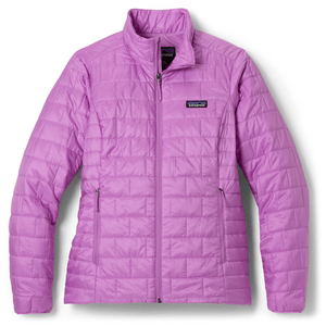 Purple quilted jacket with a high collar, front zipper, and two zippered side pockets.